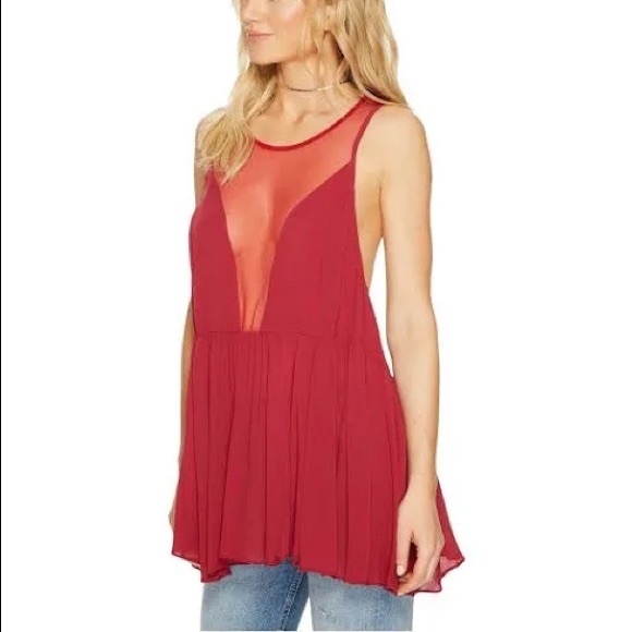 Free People Marble Mesh Red Peplum Tank Top Sz S - Picture 2 of 10